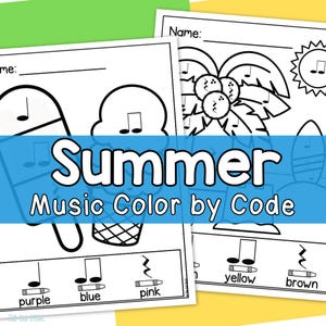 Könnte beinhalten: Schwarz-Weiß-Malvorlagen zum Thema Sommer mit Noten und Illustrationen von Eiscreme, einer Palme und einer Sonne. Der Text "Summer Music Color by Code" wird auf einem blauen Banner angezeigt.