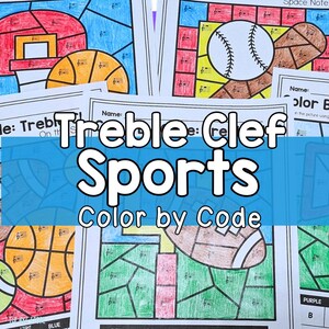 以下が含まれることがあります： バスケットボール、野球、アメリカンフットボールなどのスポーツをテーマにした塗り絵。ページには「Treble Clef Sports Color by Code」と書かれており、音楽教育用にデザインされています。画像は様々な色で表示されています。