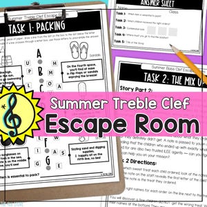 Puede incluir: Se muestra un juego de escape room con temática de verano titulado "Summer Treble Clef Escape Room". El juego incluye tareas, pistas y una hoja de respuestas. El diseño incorpora notas musicales, elementos de playa y el texto "Packing".