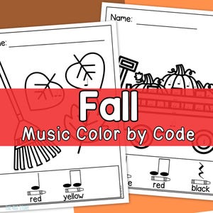 Pode incluir: Duas páginas para colorir em preto e branco com tema de outono com o texto "Fall Music Color by Code". As páginas apresentam notas musicais, folhas, abóboras e uma vassoura. A parte inferior das páginas tem chaves de cores com lápis de cor.