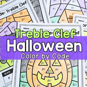 ハロウィンカラーコード、ト音記号、線とスペース、音符、音楽の塗り絵
