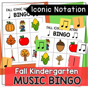 May include: Fall-themed music bingo game with colorful illustrations of pumpkins, apples, and corn. The game includes the text "Fall Kindergarten MUSIC BINGO" and "Iconic Notation". Perfect for educational activities.