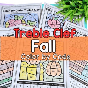 秋の色彩 コード付きト音記号線とスペース音符音楽ぬり絵ページ