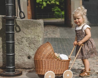 LANDAU EN OSIER, landau de poupée | landau de poupée en osier avec literie incluse, jouet de landau | landau en bois | landau pour bébé poupées en osier landau 1er cadeau d’anniversaire | naturel