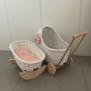 Luxury Personalised Wicker Doll Stroller And Crib Set With Bow, Bedding And Name Tag Included
