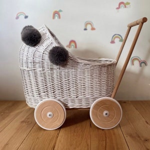 Wicker pram with grey pompoms, nametag & bedding included, doll pram, baby doll pram, pram toy, wooden pram, wicker dolls pram, WHITE