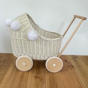 Wicker pram with white pompoms, nametag & bedding included, doll pram, baby doll pram, pram toy, wooden pram, wicker dolls pram, CREAM
