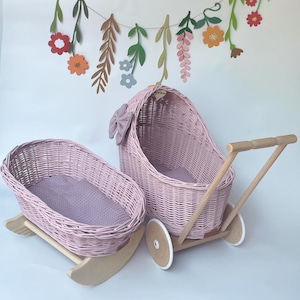 Luxury set of wicker doll pram and crib with bow, matching bedding and name tag included. Light pink