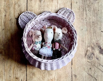 Wicker hanging basket, bear basket, wall basket, basket with ears, teddy basket,  light pink