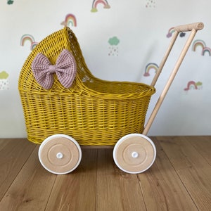 LUXURY mustard wicker pram with purple bow and matching bedding included, wicker doll pram UK, pram toy, wooden pram, 1st birthday