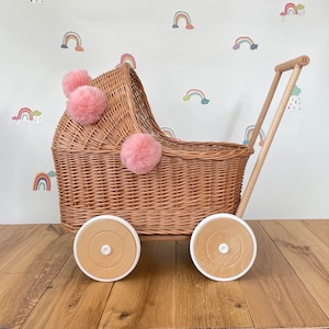 Wicker pram with light pink pompoms, nametag & bedding included, doll pram, baby doll pram, pram toy, wooden pram, wicker dolls pram,NATURAL
