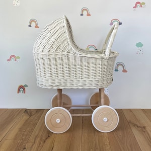 Cream Tall Wicker Dolls Pram, 1st Birthday Gift, Wicker Pram, Wicker Stroller