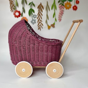 Personalised Purple Wicker Doll’s Pram, wicker stroller, baby dolls pram, baby pram, dolls pram, wooden toy, wicker pram