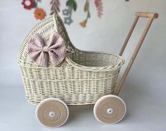 Handmade Cream Wicker Doll Pram with Bedding & Bow