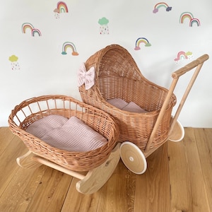 Luxury set of wicker doll stroller and wicker crib with bow, bedding and name tag included.
