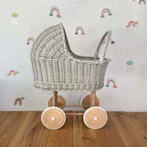 LIGHT GREY tall wicker pram, dolls pram, wicker doll pram UK, baby doll pram, pram toy, wooden pram, wicker stroller, ecofriendly toy,