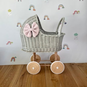 LUXURY wicker pram with bow and bedding included, wicker pram, dolls pram, pram toy, wooden pram, wicker dolls pram, Tall, light grey