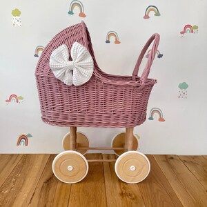 LUXURY tall wicker pram with bow and bedding included, dolls pram, baby doll pram, wooden pram, wicker dolls pram, light purple