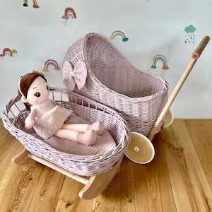 Luxury Set Of Wicker Doll Pram And Crib With Bow, Matching Bedding And Name Tag Included. Pale Pink