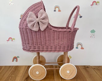 LUXURY tall wicker pram with bow and bedding included, dolls pram, baby doll pram, wooden pram, wicker dolls pram, light purple