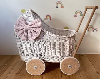 LUXURY wicker pram with  bow and bedding included, doll pram, wicker pram, baby doll pram, wooden pram, WHITE