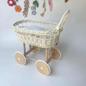 Simple Wicker Pram, Dolls Pram, Wicker Doll Pram UK, Baby Doll pram, Pram Toy, Wooden Pram, Wicker Pram, Cream