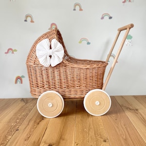LUXURY wicker pram with white bow and bedding included, doll pram, wicker pram, baby doll pram, wooden pram, wicker dolls pram, NATURAL