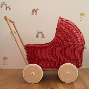 WICKER PRAM | doll pram | wicker doll pram UK |baby doll pram | pram toy | wooden pram | baby pram | wicker dolls pram | red