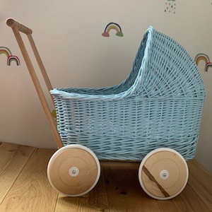 WICKER PRAM | doll pram | wicker doll pram UK |baby doll pram | pram toy | wooden pram | baby pram | wicker dolls pram | light blue