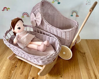 Luxury set of wicker doll pram and crib with bow, matching bedding and name tag included. Pale pink