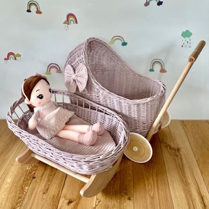 Luxury Dolls Pram And Crib Set, Bow, Matching Bedding And Name Tag Included, Pale pink