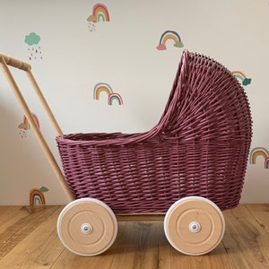 WICKER PRAM | doll pram | wicker doll pram UK |baby doll pram | pram toy | wooden pram | baby pram | wicker dolls pram | purple