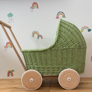 Wicker Pram, Wooden Doll Pram, Toy Pram , Buggy Stroller, 1st Birthday gift, green