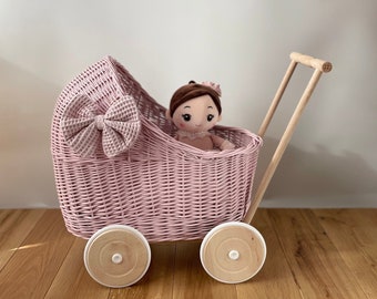 LUXURY wicker pram with bow and bedding included, doll pram, wicker pram, baby doll pram, pram toy, wooden pram, wicker dolls pram, PINK