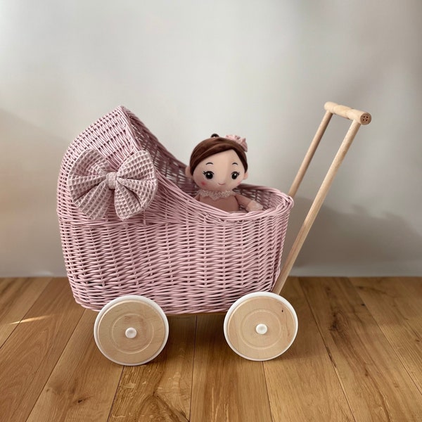 LUXURY wicker pram with bow and bedding included, doll pram, wicker pram, baby doll pram, pram toy, wooden pram, wicker dolls pram, PINK