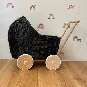 LIGHT PINK handmade doll's wicker pram, wicker stroller with bedding name tag included