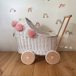 Wicker pram with light pink pompoms & bedding included, doll pram, baby doll pram, pram toy, wooden pram, wicker dolls pram, WHITE