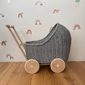 WICKER PRAM | doll pram | wicker doll pram UK |baby doll pram | pram toy | wooden pram | baby pram | wicker dolls pram | 1st bday gift grey