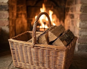 Cesto porta legna in vimini intrecciato a mano con manico, porta legna rustico in rattan, contenitore per camino in stile rustico, decorazione per cottage di campagna