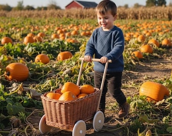 Wicker wagon with wooden handle, wicker wagon, wicker chart, wagon toy