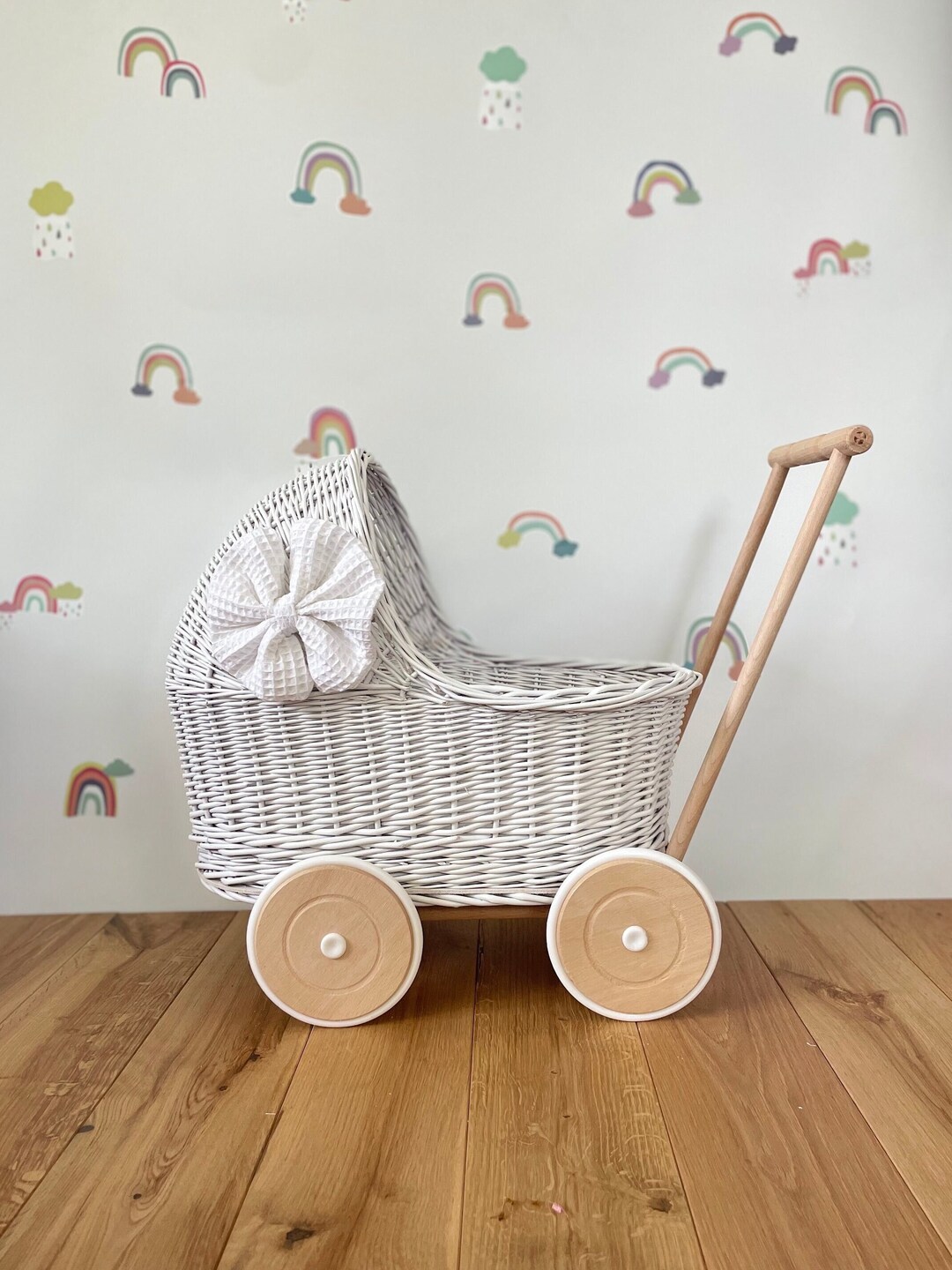 LUXURY Wicker Pram With Bow and Bedding Included, Dolls Pram, Wicker
