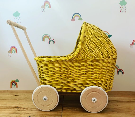 WICKER PRAM doll pram wicker doll pram UK |baby doll pram pram toy  wooden pram baby pram wicker dolls pram 1st bday gift yellow