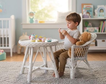 Conjunto de mesa y sillas de mimbre, conjunto de mesa de ratán, silla de ratán, conjunto de mesa de mimbre para niños, conjunto de mimbre, conjunto de ratán, BLANCO