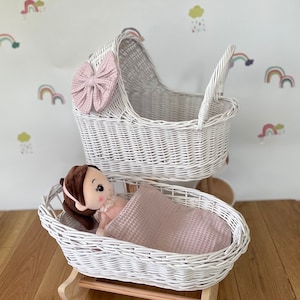 Luxury set of tall wicker doll pram with bow and crib, matching bedding and name tag included, White
