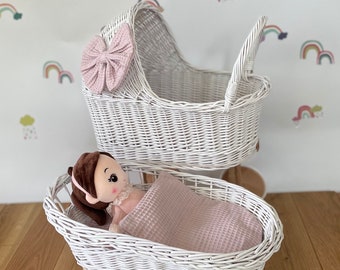 Luxury set of tall wicker doll pram with bow and crib, matching bedding and name tag included, White