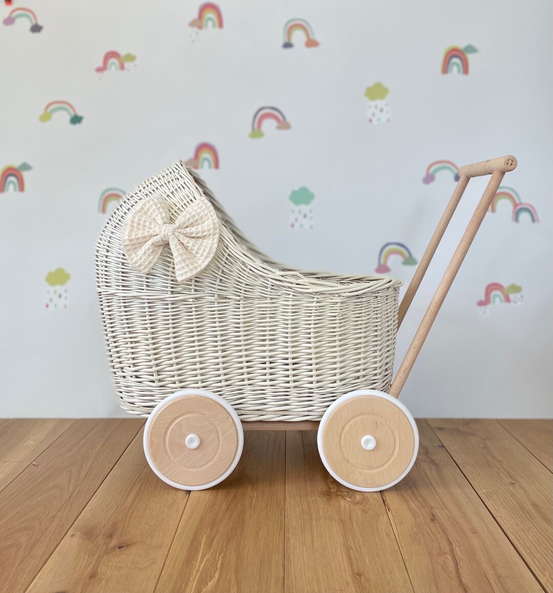LUXURY Wicker Pram With Bow and Bedding Included, Doll Pram, Wicker