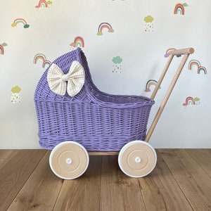 LUXURY lilac wicker pram with cream bow and matching bedding included, wicker doll pram UK, pram toy, wooden pram, 1st birthday