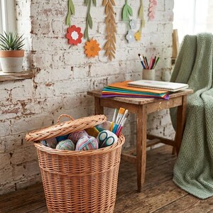 May include: A round, light brown woven wicker basket with a matching lid, filled with colorful yarn balls and craft scissors. The basket features a sturdy handle on the lid and a deep, cylindrical body, providing storage for various craft supplies.