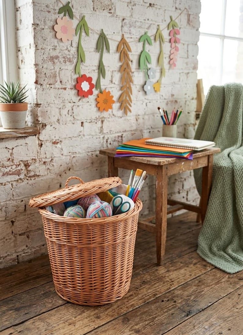 May include: A round, light brown woven wicker basket with a matching lid, filled with colorful yarn balls and craft scissors. The basket features a sturdy handle on the lid and a deep, cylindrical body, providing storage for various craft supplies.
