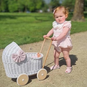 LIGHT PINK handmade doll's wicker pram, wicker stroller with bedding name tag included